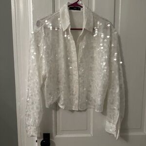 White Sequin Button-Up Shirt